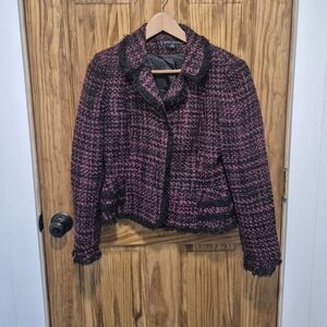 Nipon Boutique Pink and Black Tweed Fringe Jacket